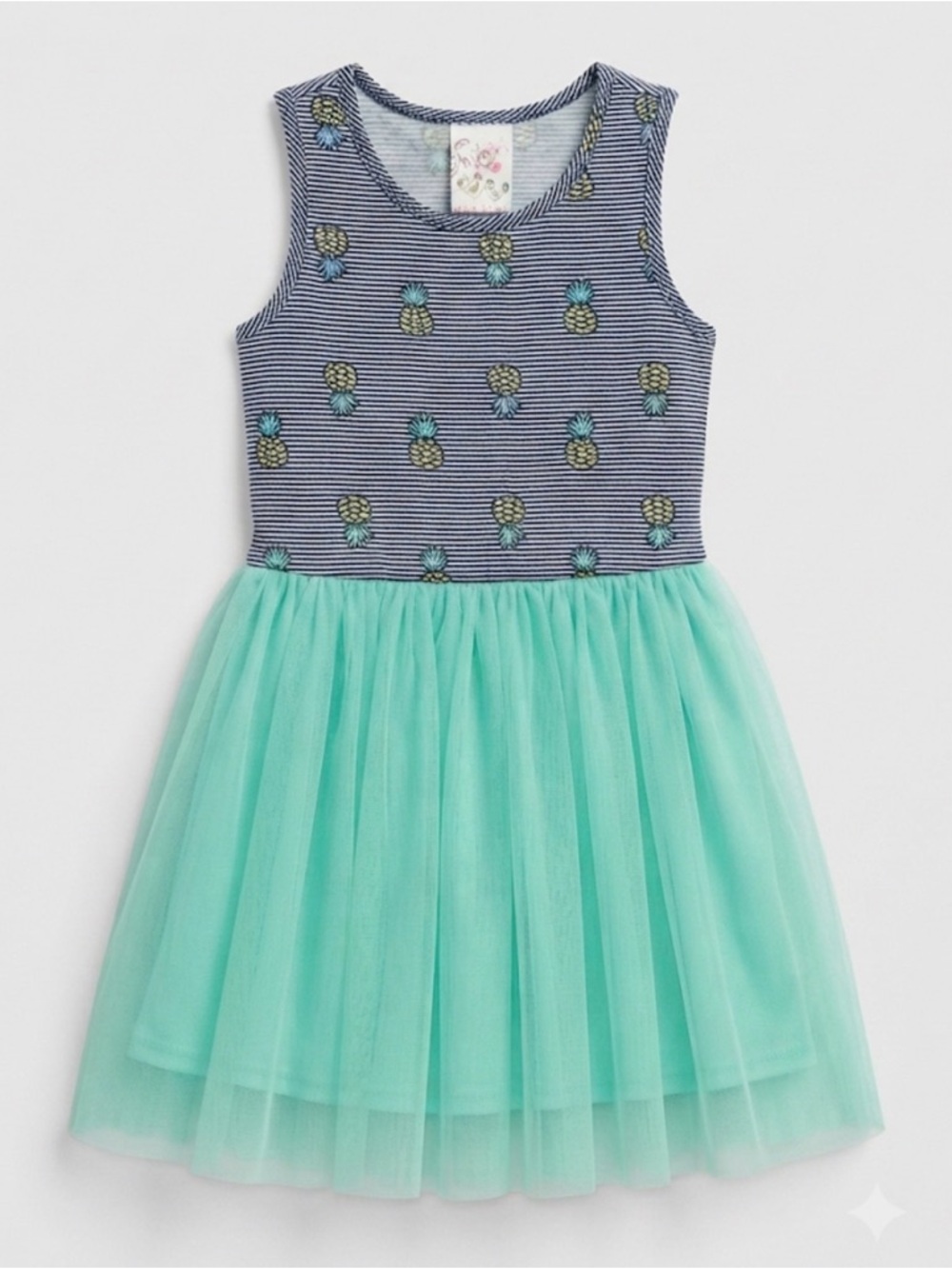 Girls Pineapple Stripe Navy & Mint Tulle Dress Size 5